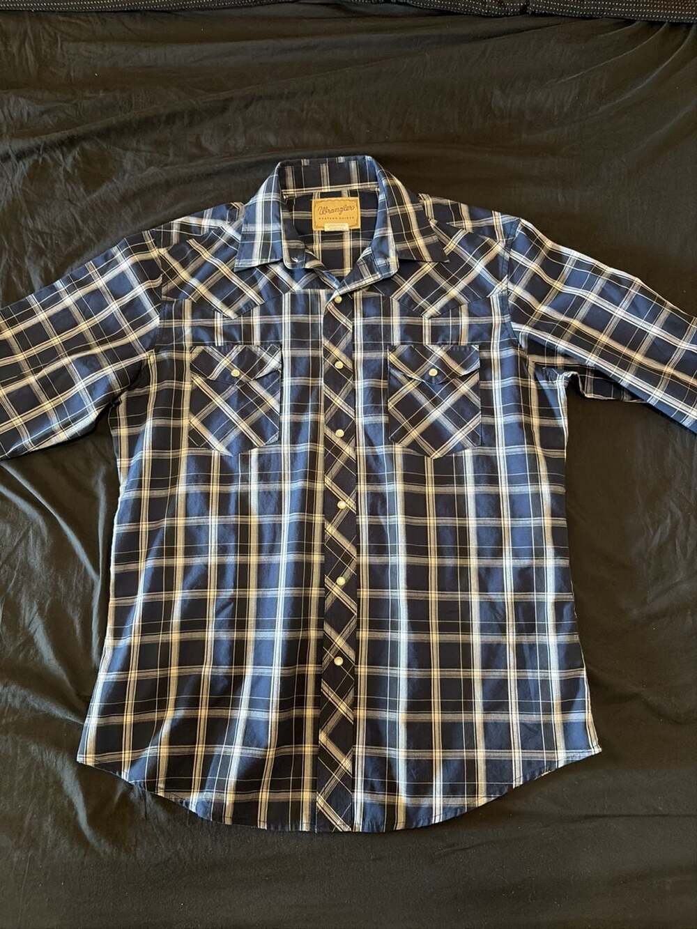 Wrangler Western Shirt Size L Blue Plaid Long Sleeve Pearl Snap